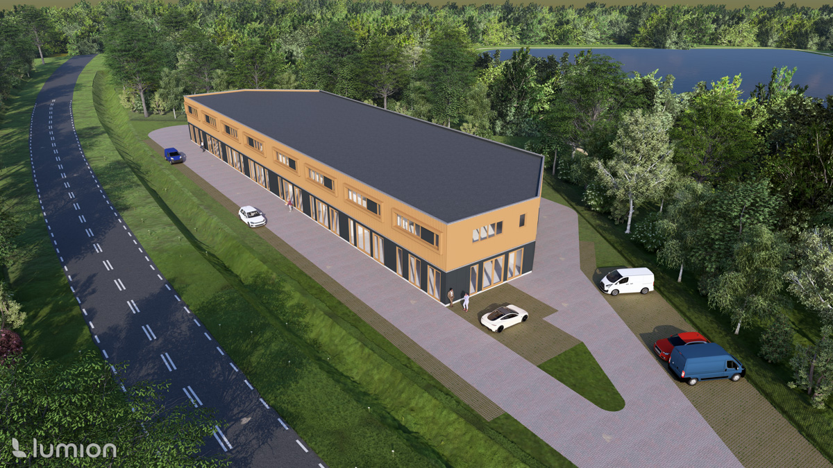 Architectuurimpressie van bedrijfsverzamelgebouw Vlasveen aan de Noordholt in Roden